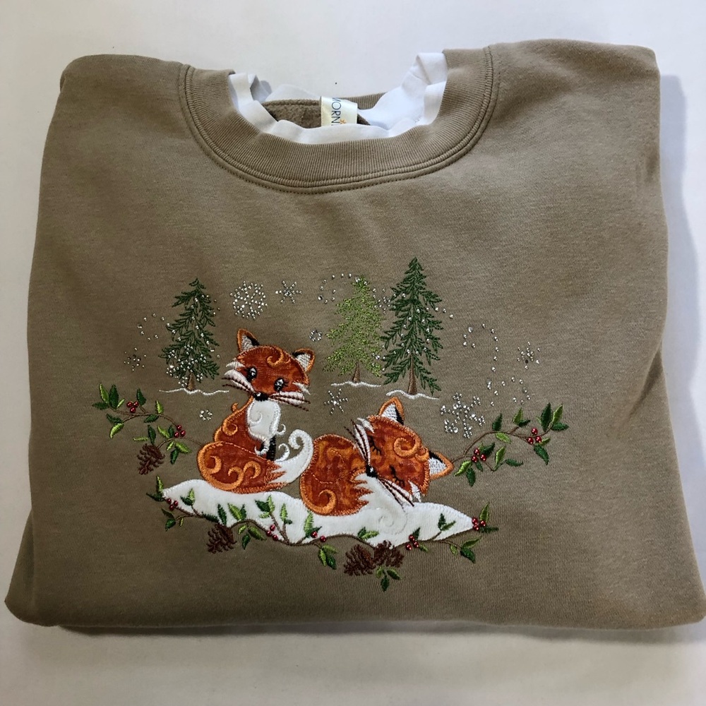 Vintage granny sweatshirt bedazzled winter scene foxes Christmas sparkle XL